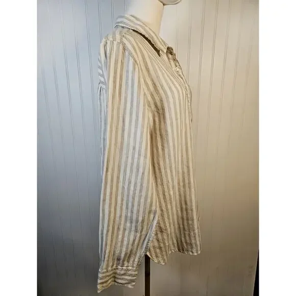 L.L Bean 100% Linen Striped Button Down Shirt Women's Size L Nautical Preppy - Picture 5 of 13